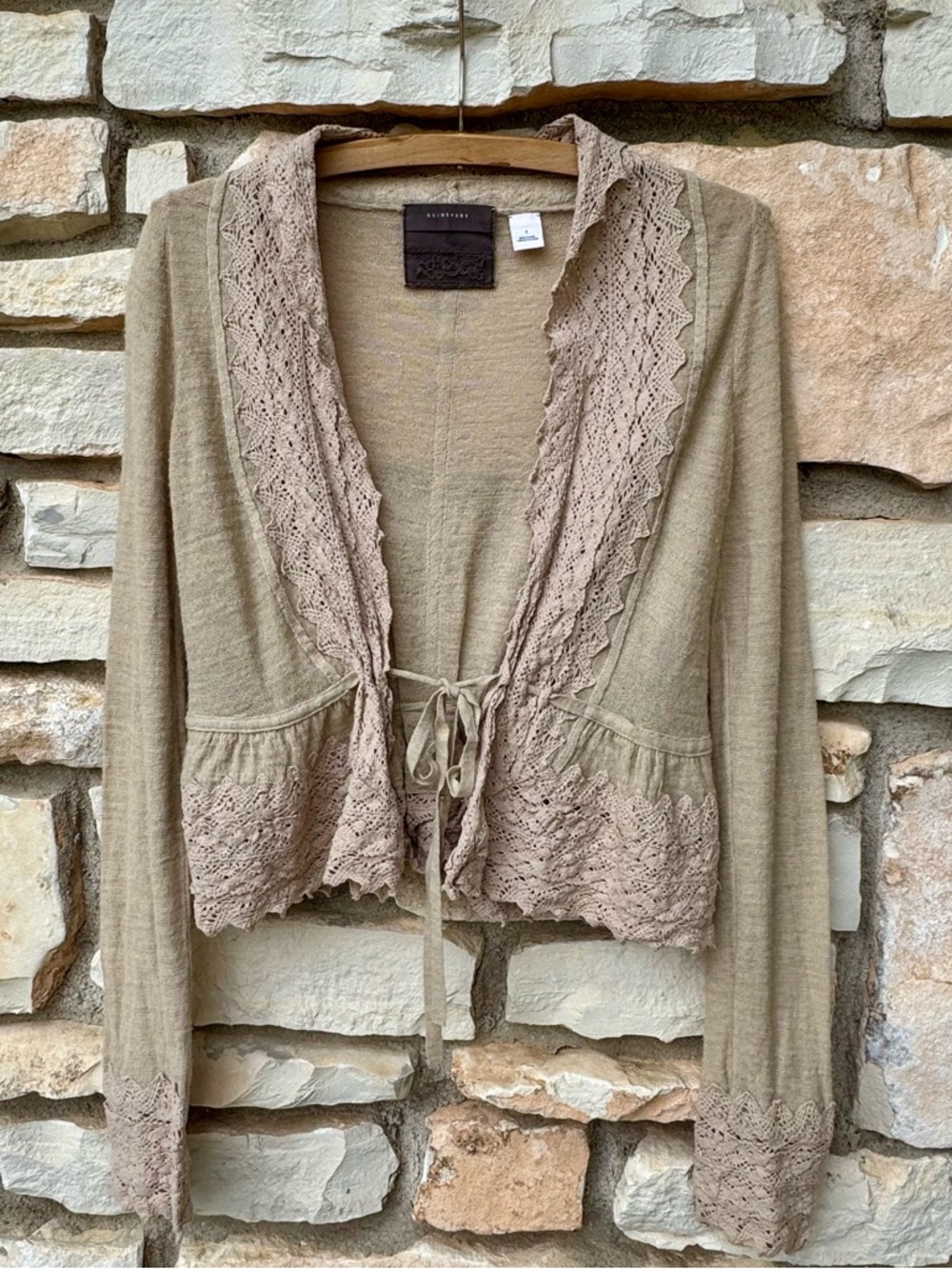 ANTHROPOLOGIE/ GUINEVERE Tan Brown Wool Blend & Cotton Lace Trim Open Cardigan